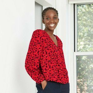 Women's Floral Print Puff Long Sleeve Wrap Top Size S Small